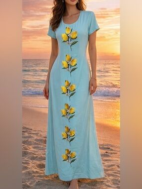 Mestiza NY Aqua Maxi Dress with Vertical lemon Embroidery